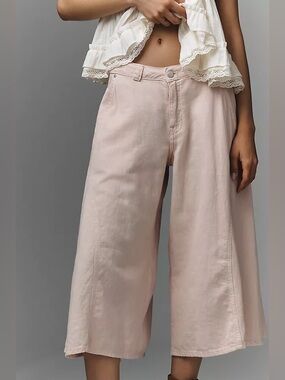 Anthropologie Pilcro Linen Cotton Crop Wide Leg Culottes Pants Pink Size 32 NWT